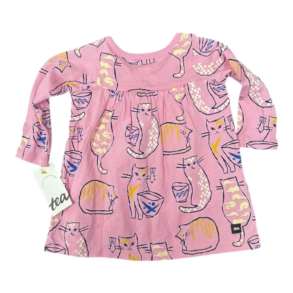 Tea Collection Ruffle Empire Baby Dress Pink Cat Cafe 3-6Months NWT